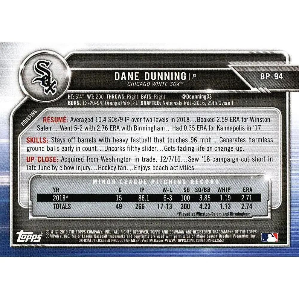 2019 Bowman Prospects Dane Dunning #BP-94 Chicago White Sox